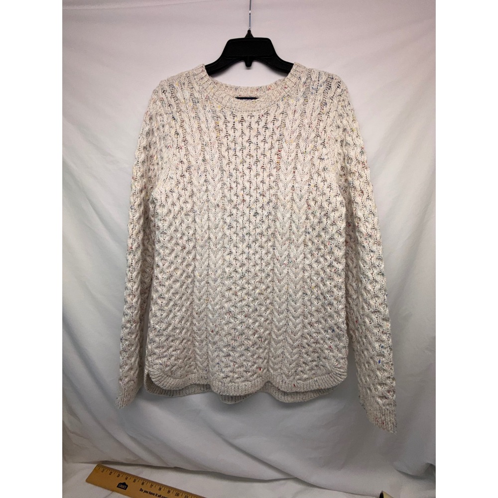 Lands End Womens Medium Cream Confetti Cable Knit Wool Blend Sweater Pullover